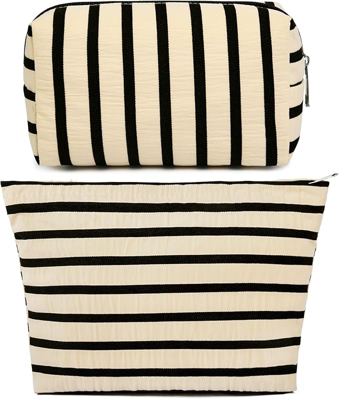 2 Pieces Makeup Bag Large Stripe Cosmetic Bag Capacity Canvas Mix Travel Toiletry Bag Organizer Cute Makeup Brushes Aesthetic Accessories Storage Bag for Women, Stripe Mix White