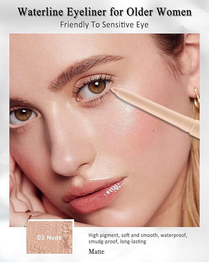Nude Waterline Eyeliner Pencil, Cream Gel Eyeliner Waterline Waterproof Smudge-Proof Long-Wearing, Intense Color, Retractable Eye Liner Brightener Pen with Sharpener, Smooth Eye Makeup for women-2Pcs