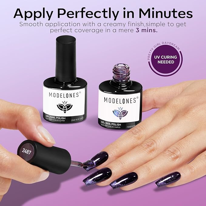modelones Gel Nail Polish Set 2 PCS 15ML Black Purple Cat Eye Gel Nail Polish Holographic 9D Cat Eye Glitter Polish with Magnet Soak Off Led Nail Art DIY Salon Gift For Women Girl