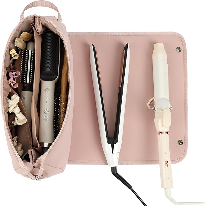 FINDCOZY Hair Tools Travel Bag, Haircare Accessory Organizer with Heat Resistant Mat for Curling Iron, Straighteners and Styling Appliance, Pink