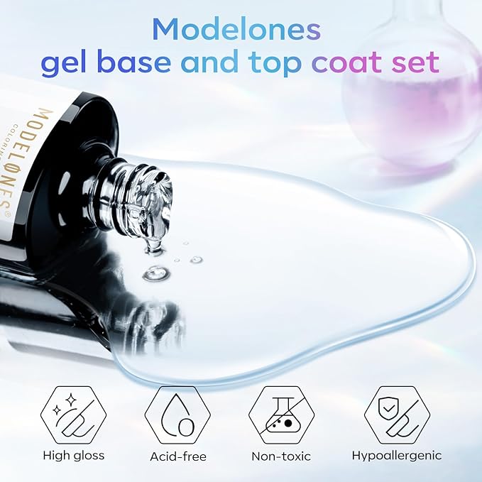 modelones Gel Top Coat, 15 ml 2025 Upgrade Super Shiny Base and Top Coat Set, Soak Off Nail Lamp Acid Free No Wipe Clear Base Top Gel Nail Polish