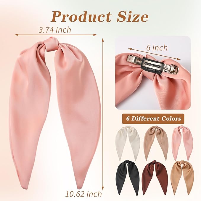6PCS Silky Satin Hair Bows, Hair Bow Clips with Long Tail, Hair Bows for Girls & Women Elegant Bow Hair Ribbon Ponytail Holder, Alligator Metal Clips Accessories for Toddler & Kids Gifts Neutral Color