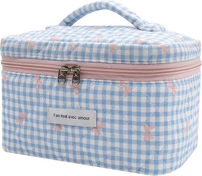 1pc Large Makeup Bag, Cute Cosmetic Bag for Women Girls, Floral Coquette Aesthetic Toiletry Bag, Travel Make Up Organizer Bag (Blue Plaid Bow)