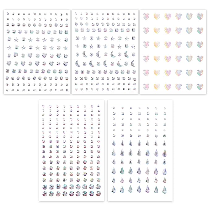 5 Sheets Face Gems Face Jewels Stickers, Self-Adhesive Rhinestones Stickers, 5 Types of Rainbow Art Gems Stick On for Face, Nail, Eyes, Body, Hair, Makeup, Festival Decorations, DIY Crafts
