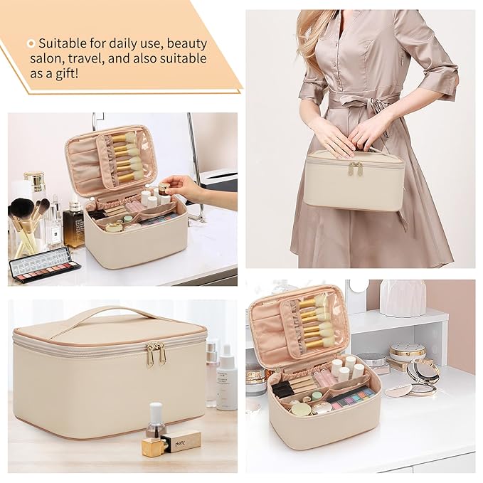 OCHEAL Beige Makeup Bag,Travel Makeup Organizer Bag, Large Capacity Cosmetic Bags For Women Large Travel Toiletry Bag Girls Traveling With Brush Slot And Divider-White