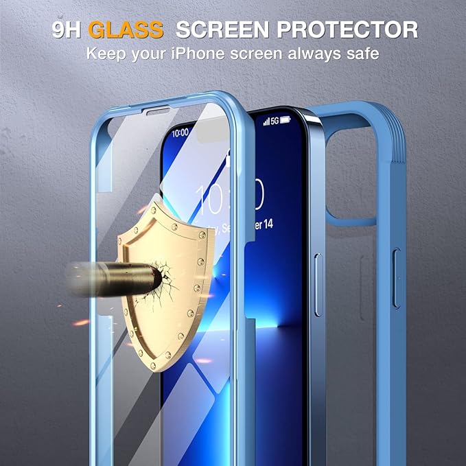 Miracase Glass iPhone 13 Pro Case 6.1 inch, 2023 New Full-Body Clear Bumper Case with Built-in 9H Tempered Glass Screen Protector for iPhone 13 Pro, Capri Blu