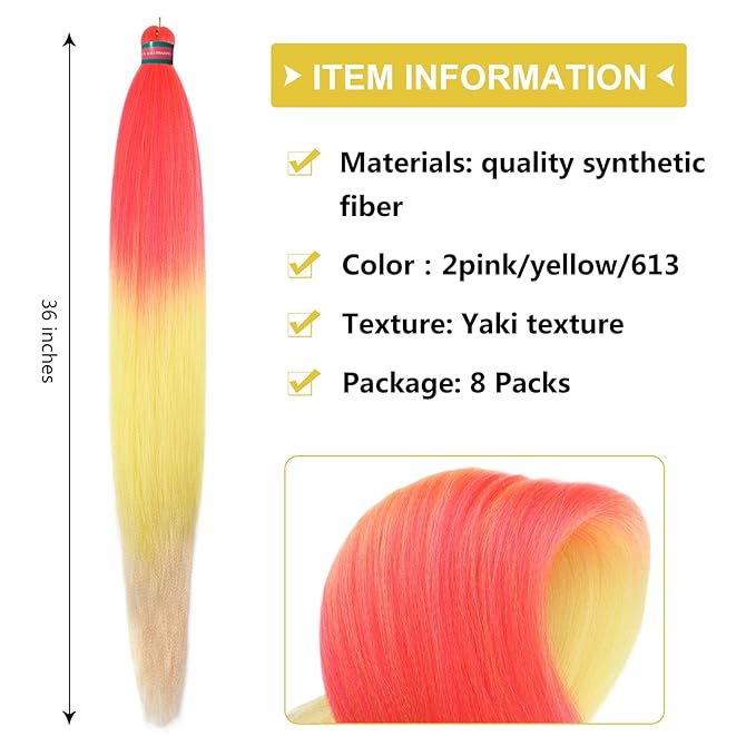 Ombre Pink-Yellow-Blonde Pre Stretched Braiding Hair, 36 Inches Braid Hair Extensions, 8 packs Multi Color Blend Braiding Hair Pre-stretched, Crochet Hair Braiding