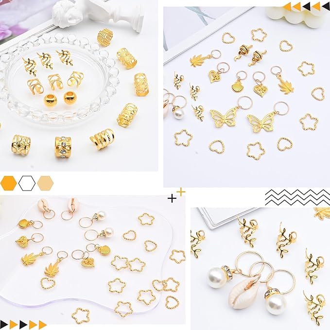 236PCS Gold Hair Accessories Set: Jewelry, Charms, Rings and Cuffs for Braids, Dreadlocks, Loc Styles and Rave Hair Styling