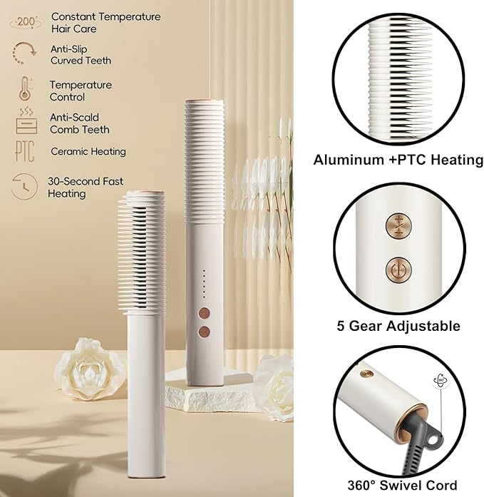 Hair Straightener Brush, Hot Hair Comb, 2 in 1 Flat Iron Hair Curling Straightening Brush for Women, Anti-Scald with 5 Temps Fast Heating