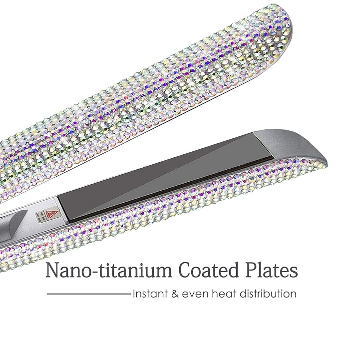 DORISILK Titanium Flat Iron for Hair, 480°F High Temp Hair Straightener Iron, Rhinestone Bling Flattening Iron, 2 in 1 Straightening Curling Professional Salon LCD Display Dual Voltage (AB Shine)