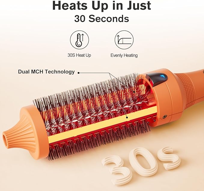 K&K Thermal Brush, 1.5 Inch Heated Round Comb, Professional Heated Curling Ceramic Tourmaline Ionic Curling Iron, Hot Styling Volumizing Brush, Dual Voltage, Orange