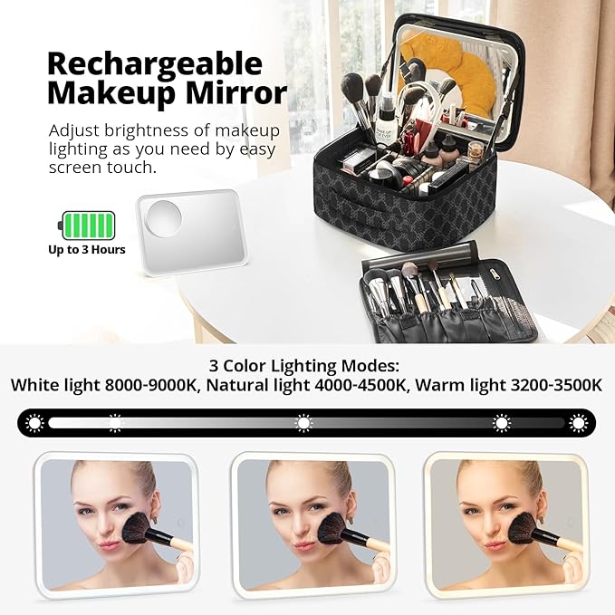 Omobolanle Makeup Bag with Mirror Led Light Detachable Portable Makeup Organizer Travel Cosmetic Train Case with Dividers and 10x Magnifying Mirror Cosmetic Toiletry Bag Black/Grey