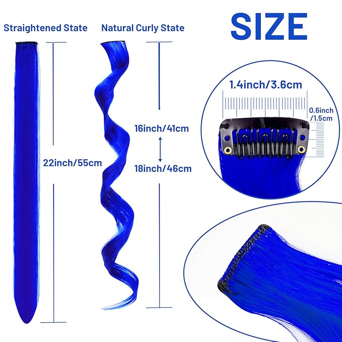 16 Pcs Colored Hair Extensions Curly Wavy Clip in Synthetic Hairpiece Streak for Girls Women Kid, Multi-colors Party Highlights Cosplay Festival Gift(Blue)