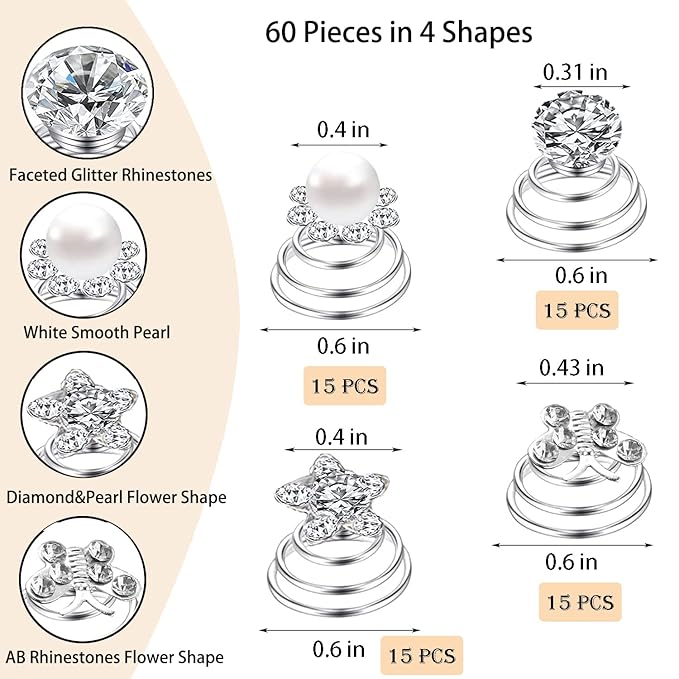 60 PCS 4 Shapes Gems Rhinestone Twister Hair Studs Set Diamond Spiral Pearl Flower Jewels Hair Pins Sticks for Wedding, Bridal, Prom, Party and Special Occasion, Butterfly