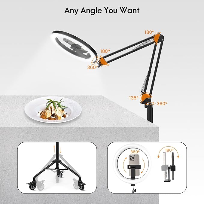 LUXSURE Ring Light Tripod for iPhone, Overhead Phone/Camera Mount with Casters,LED Ring Light with Stand and Phone Holder,Phone Tripod with Light for Video Recording/Live Streaming/Cooking
