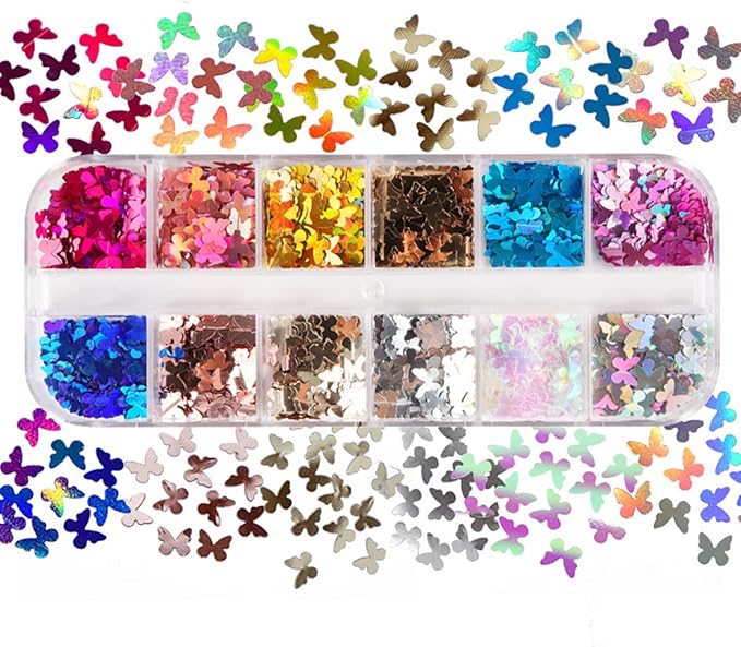 3D Butterfly Nail Glitter Sequins Holographic Laser Butterfly Nail Art Stickers Decals Butterfly Glitter Nail Designs Confetti Nail Sparkle Glitter Flakes Butterflies for Acrylic Nails Craft,12Girds