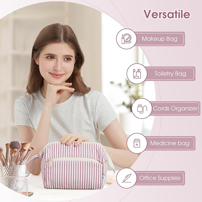Narwey Striped Makeup Bag Women Wide-open Make up Bag Travel Cosmetic Bag Organizer Toiletry Bag for Cosmetics Toiletries Accessories (Dusty Rose Stripe)