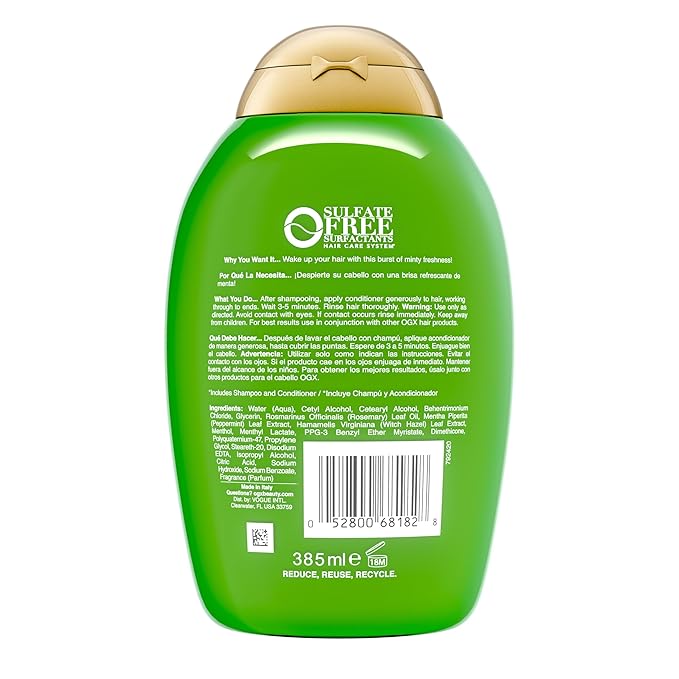 OGX Extra Strength Refreshing Scalp + Rosemary Mint Conditioner, Nourishing Hair Conditioner Infused with Rosemary Mint for Shiny, Healthy-Looking Hair, Sulfate-Free Surfactants, 13 fl. Oz