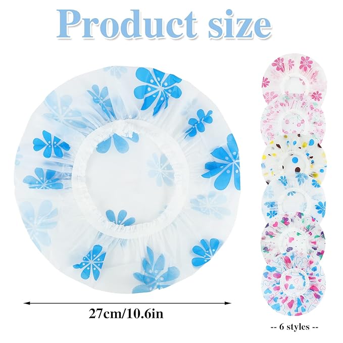6 Pcs Shower Caps, Waterproof Bath Caps Plastic Reusable Shower Caps Elastic Band Bath Hair Caps for Women Kids