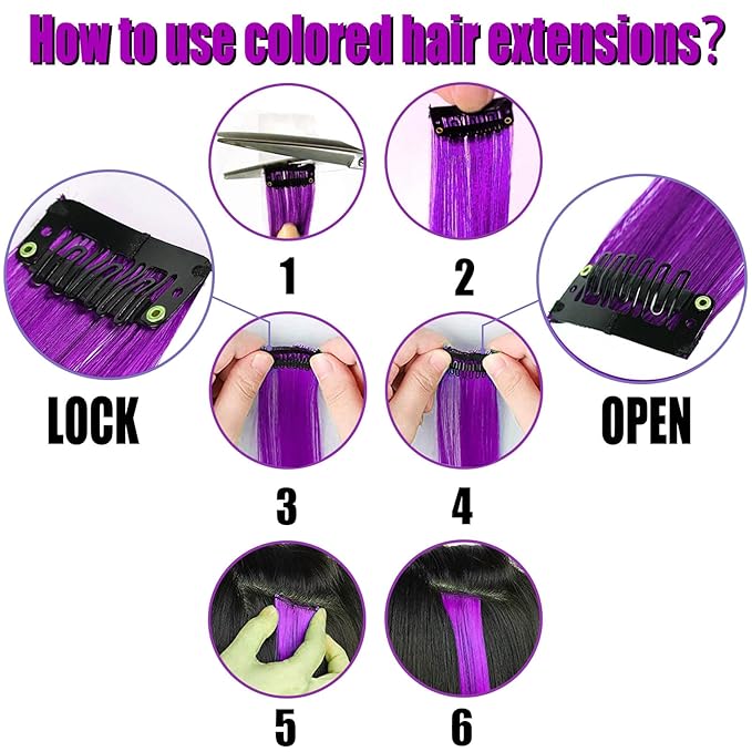 12 PCS Purple Hair Extensions Clip in, 22-Inch Colored Hair Extensions Party Highlights Long Straight Synthetic Hairpieces for Women Kids Girls Halloween Christmas Cosplay