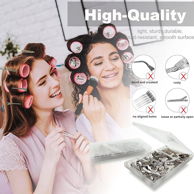 Styling Hair Clips, Silver Metal Duck Billed Hair Clips for Women Styling Sectioning, Duckbill Long Hair Clips, Pin Curl Clips for Hair, Alligator Roller Clip with Case