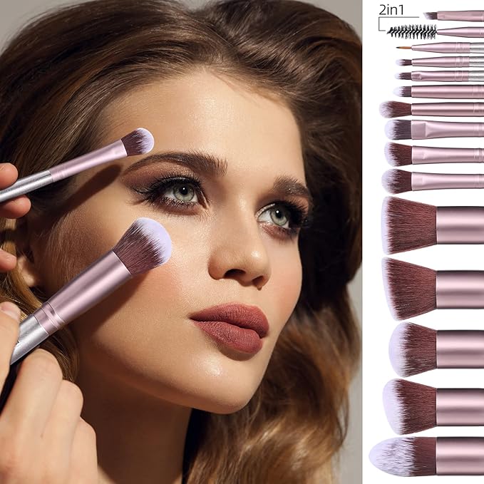 BS-MALL Makeup Brushes Premium Synthetic Foundation Powder Concealers Eye Shadows Makeup 14 Pcs Brush Set,Silver Purple with case