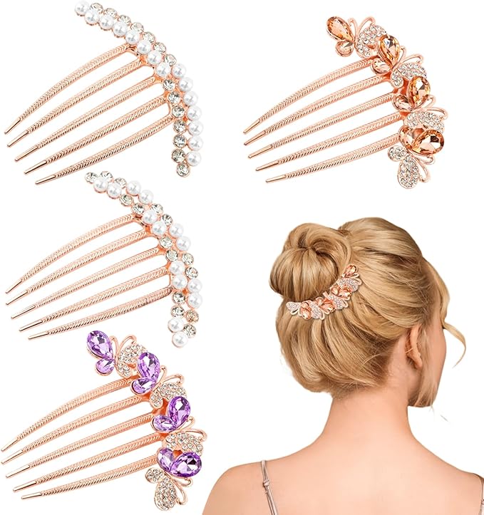 4 Pcs Pearl Rhinestones Hair Accessories, Pearl Hair Side Combs Clip Crystal Rhinestone Hair Combs for Women and Girls, Decorative Combs for Wedding Party Daily (Rose Gold)