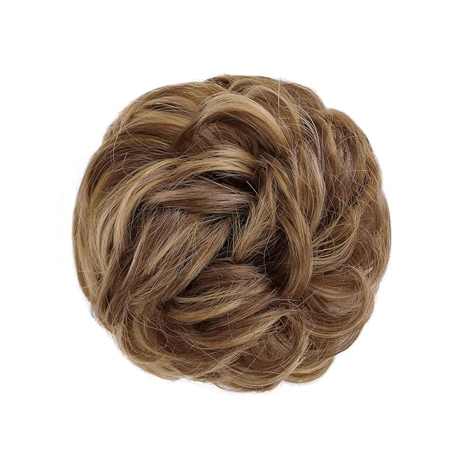 MORICA 1PCS Messy Hair Bun Hair Scrunchies Extension Curly Wavy Messy Bun Synthetic Chignon Hairpieces for Women (Strawberry Blonde & Light Ash Brown)