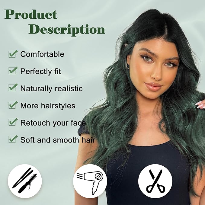 NAYOO Long Ombre Green Wavy Wig for Women 26 Inch Middle Part Curly Wavy Wig Natural Looking Synthetic Heat Resistant Fiber for Daily Party Use (Ombre Green)