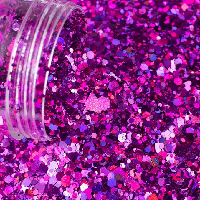 Purplish Red Holographic Chunky Glitter Cosmetic Body Hair Face Eye Nail for Festival Carnival Concert Party Beauty Rave Accessories Different Sizes&Shapes 2 Pots 14g/0.5oz+ Quick Dry Primer Glue Gel