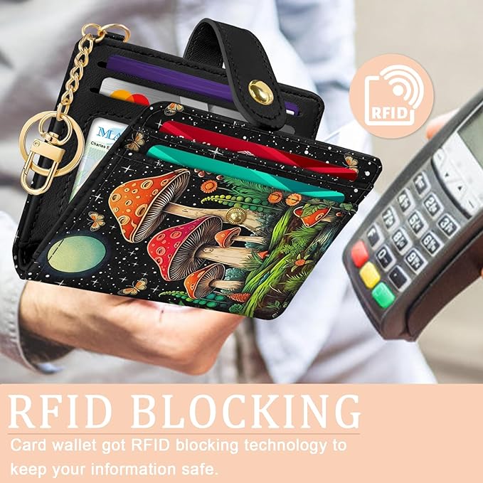 Mushroom Rfid Women Wallet, Small Slim Thin Credit Card Wallet, PU Leather Bifold Cash Zipper Coin Pocket ID Window for Female Ladies Teen Girls Girly