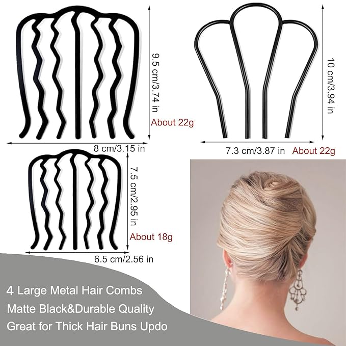 8 Piece Hair Side Combs French Twist Comb Metal Hair Fork Clip Teeth Hair Pin Stick for Updo Bun, U Shape Hair Combs Hair Tool for Vintage Hairstyle Hair Accessories