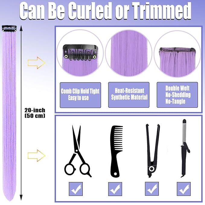 12 PCS Light Purple Hair Extensions Clip in, 20 Inch Colored Hair Extensions Party Highlights Long Straight Synthetic Hairpieces for Women Kids Girls Halloween Christmas Cosplay