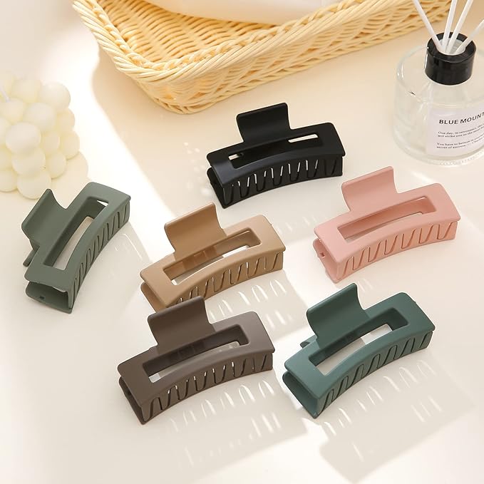 6 Pack Square Claw Clips for Women Girls, 3.5" Medium Non-slip Rectangular Matte Claws Strong Jumbo Hair Styling Accessories for Thin Hair, Light Green