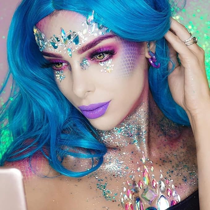 iMethod Face Jewels and Body Glitter - Face Gems, Mermaid Face Jewels Stick On, Holographic Cosmetic Face Glitter, for Festival Holiday Costumes & Halloween Alien Makeup, 12 Pcs