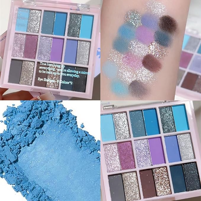 18Colors Blue Purple Gray Colorful Eyeshadow Palette Makeup,Light Blue Glitter Sparkly Highly Pigmented Smoked Eye Shadow Long Lasting Waterproof Naturing-Looking Blendable for Beginners