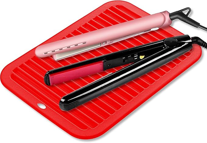 Large Silicone Heat Resistant Mat, 12"x 9" Professional Heat Mat for Curling Iron, Hair Strainghtener and Styling Tool Appliances, Flat Iron Mat, Travel Silicone Mat for Hair Dryer Salon Tools, Red