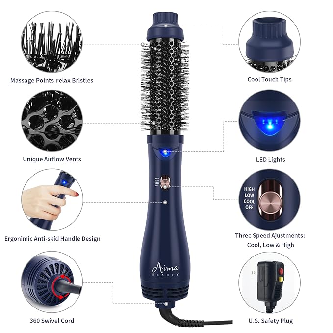 Hair Dryer Brush, Aima Beauty 4-in-1 Upgrade Hot Air Straightener Curler Function for Women, Hair Styling Tools, Prussian Blue-Round