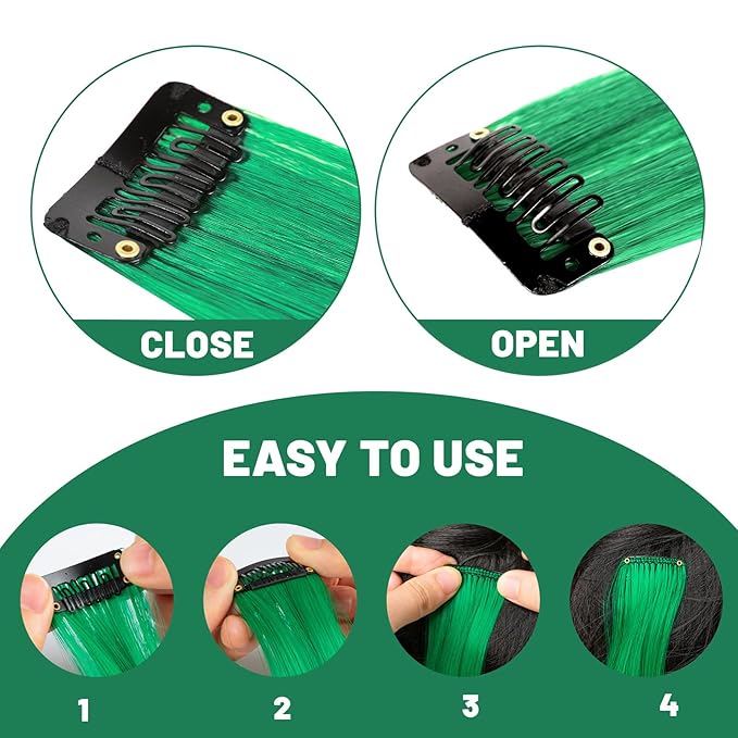 22 inch Colored Hair Extensions, Colorful Party Highlights Clip in Synthetic Hair Extensions, Color Long Straight Hairpieces for Girls Women Kids Favor Gift(10 PCS Dark Green)