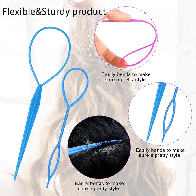 6pcs Pony Hair Tail Tools, Hair Loop Styling Tool French Braiding Hair Tool, Hair Braid Accessories Ponytail Maker for Women Girls, Ponytail Hair Pull Through Tool (2pink+2blue+2purple)
