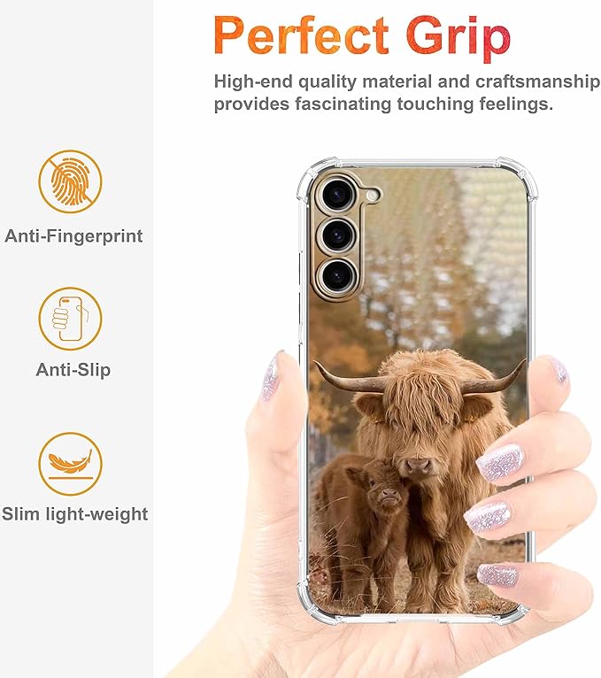 for Samsung Galaxy S23 Case with Cow Design,Cute Highland Cattle Family Pattern,Clear Slim Soft TPU Bumper Case,6.1”(Cow,S23)