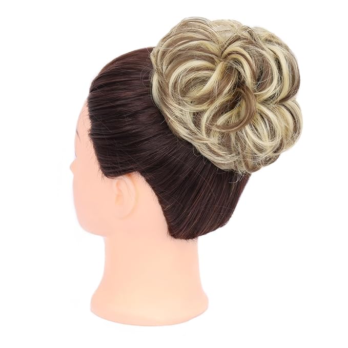 MORICA 1PCS Messy Hair Bun Hair Scrunchies Extension Curly Wavy Synthetic Chignon Hairpieces for Women(86H10#(Light Blonde & Light Brown))