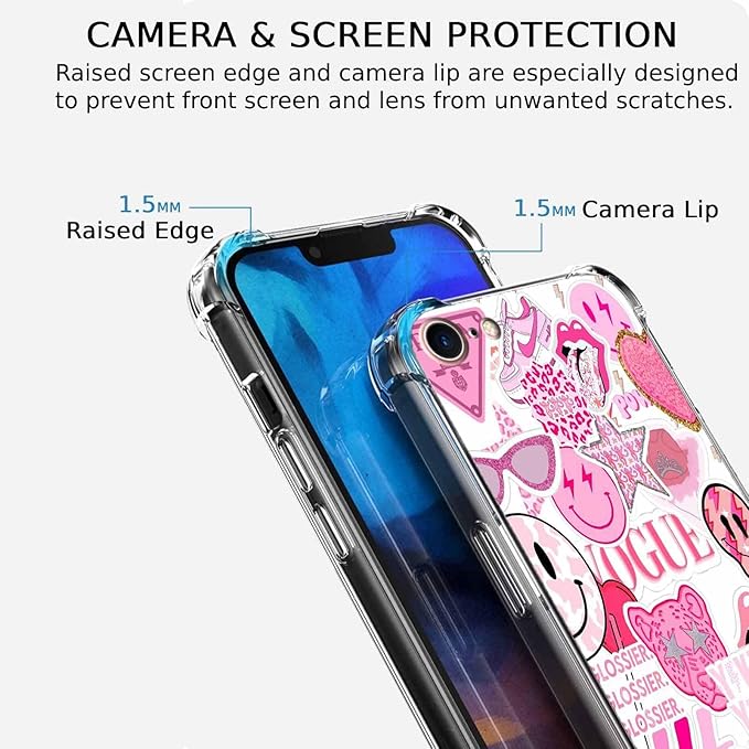 Case for iPhone SE3/SE2/8/7 with Pink Design,Aesthetic Hippie Indie Popular Elements Pattern,Shockproof Soft TPU Bumper Phone Cover(SE,Pink)