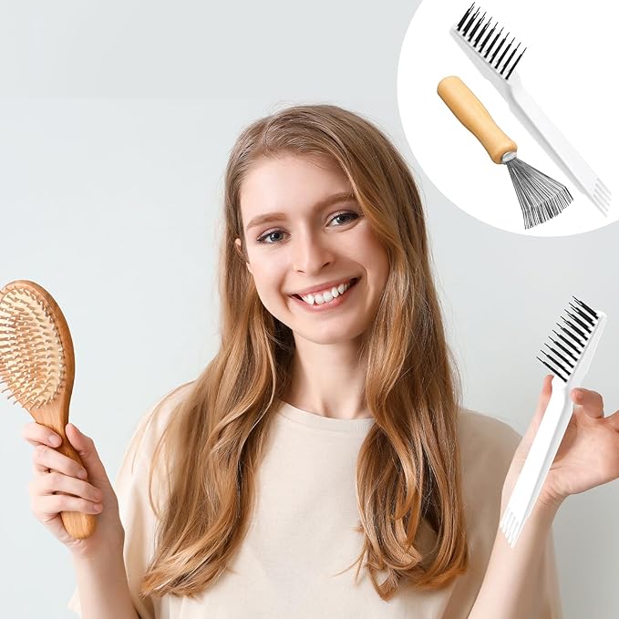 Boao 2 Pieces Hair Brush Cleaning Tool Comb Cleaner Brush Mini Comb Cleaning Hair Remover Tool for Removing Dust Home and Salon Use (White, Wood Color)