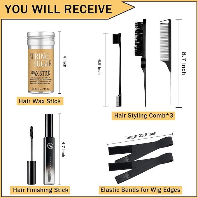 7 Pcs Hair Wax and Edge Control Set for Women - Flyaway Styling Products Includes Wax Stick, Hair Finishing Stick, Comb, Elastic Bands for Wig Edges