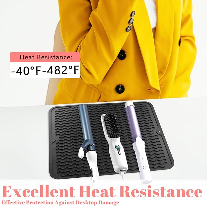 Oversize Silicone Heat Resistant Mat, Heat Mat with Velcro for Curling Iron, Travel Cover Cushion for Curling Irons, Hair Bands and Styling Tools(15.7" X 11.8")