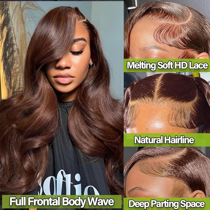 28 Inch Body Wave Lace Front Wigs Human Hair Chocolate Brown 13x4 HD Lace Frontal Wigs Human Hair Pre Plucked with Natural Hairline 200 Density Body Wave Frontal for Women Dark Brown Color