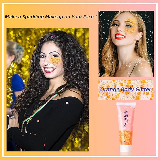 MEICOLY Orange Face Body Glitter,Sparkling Face Glitter Gel,Mermaid Sequins Face Paint Glitter Autumn Makeup,Eye Hair Chunky Festival Rave Accessories Makeup,Party Body Glitter Gel for Women Kids,50ml