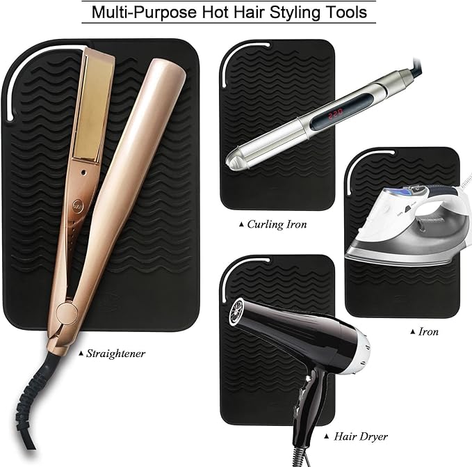 11" X 7.5" 5.6 oz Large Heat Resistant Silicone Travel Salon Hair Styling Tools Cooling Mat, Anti-Heat Pad Cover for Hair Straightener, Curling Iron, Flat Iron, Hair Dryer Curler Mat - Black