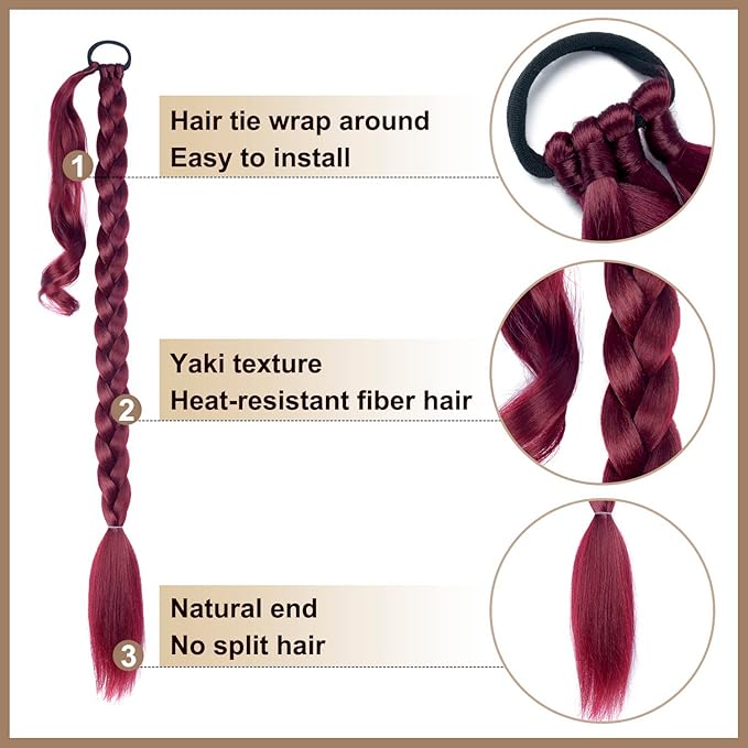 2 Pack Long DIY Braided Ponytail Extension with Hair Tie Straight Wrap Around Hair Extensions Ponytail(bug#)